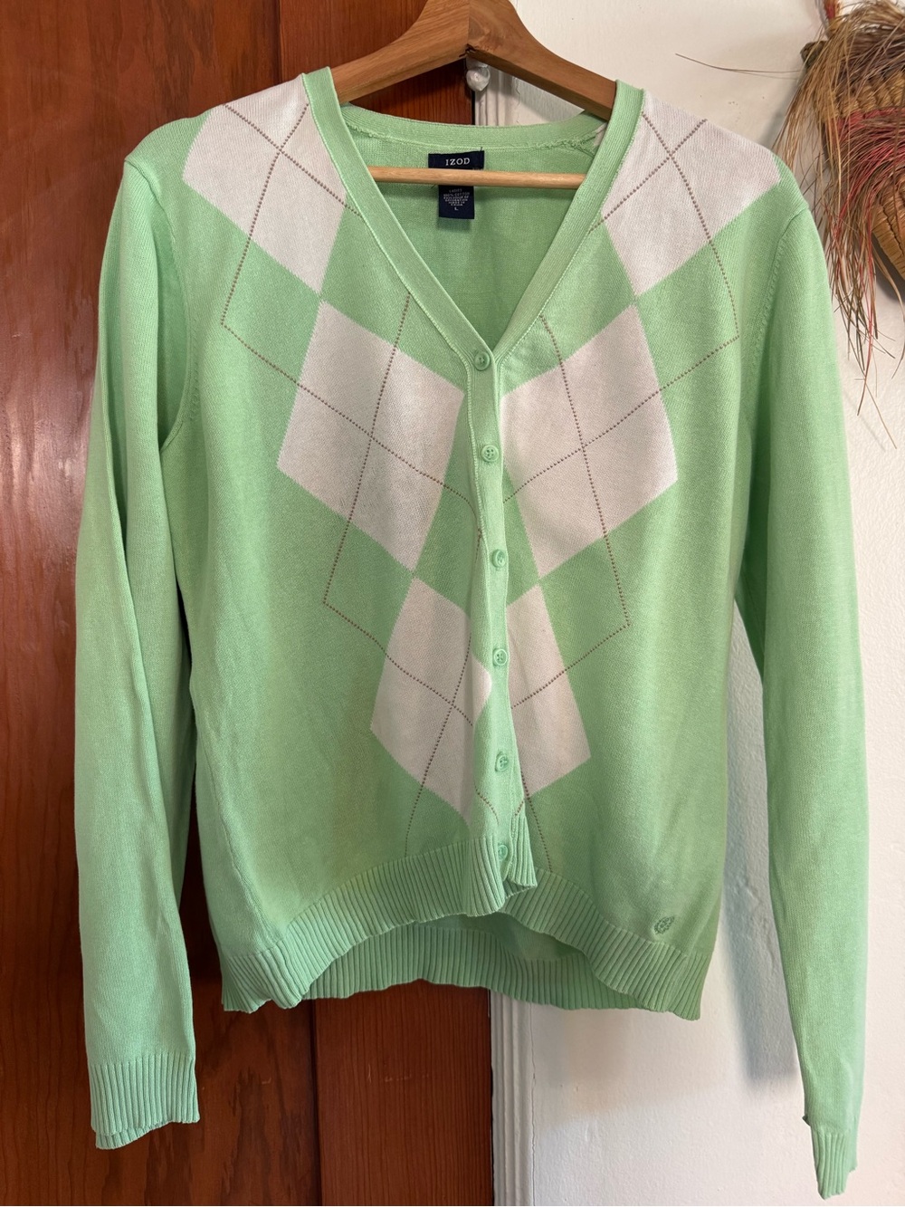 IZOD Mint Green Argyle V-Neck Button Front Cardigan